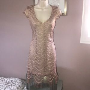 GOLD Tan Metallic Crochet Fringe Dress, Small